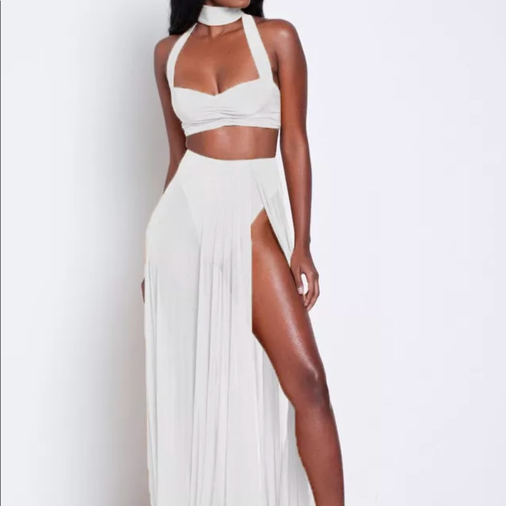 White sheer skirt crop top outfit set wedding gown festival NWT T2 sexy rave - Picture 1 of 11